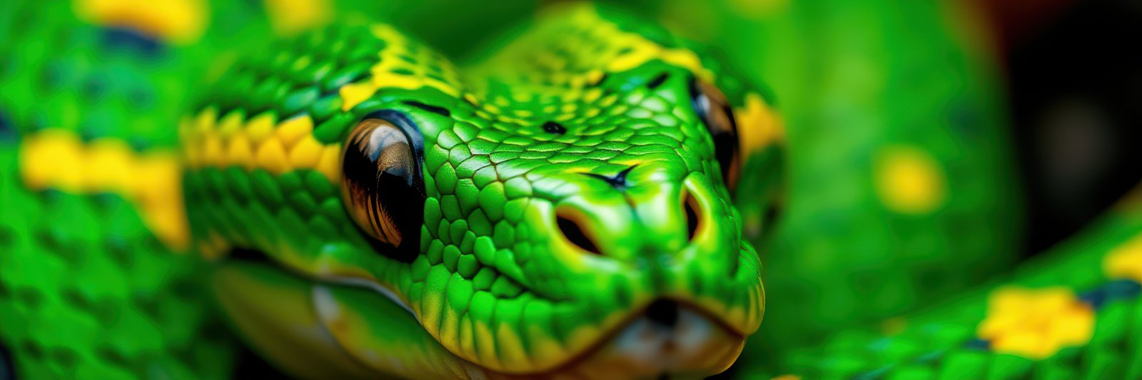 Bright green tree python resting on a branch in a lush tropical habitat during daylight hours